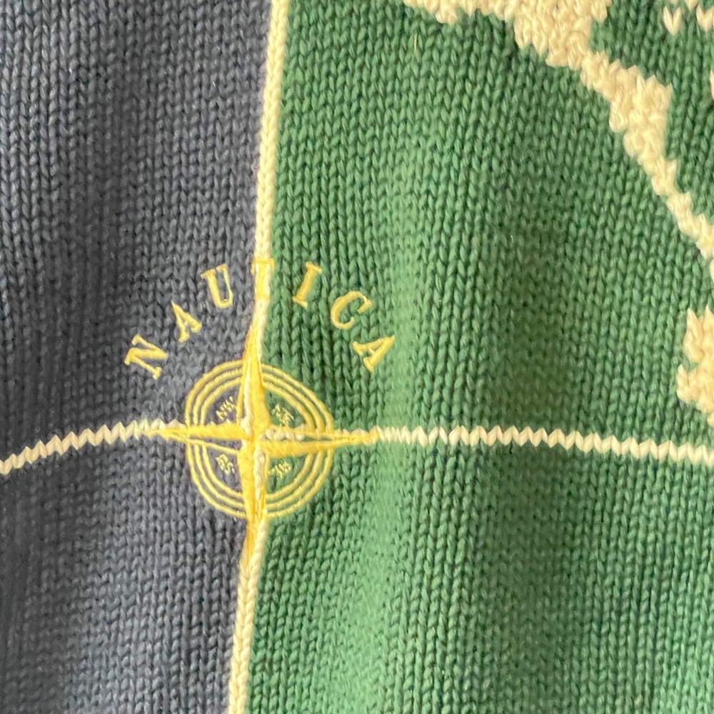 Vintage Y2K Nautica Handknit Map Sweater XXL Green Navy - Picture 6 of 8